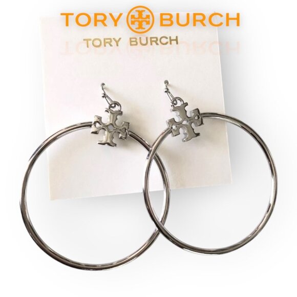 Tory Burch Silver Stacked T Logo Hoop Earrings - Picture 2 of 4